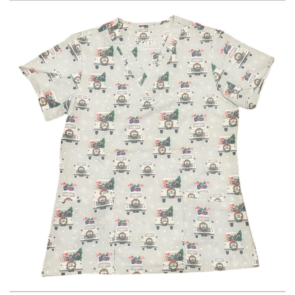 Revel Premium Stretch Women's Christmas Truck Scrub Top Size M‎ Light Blue